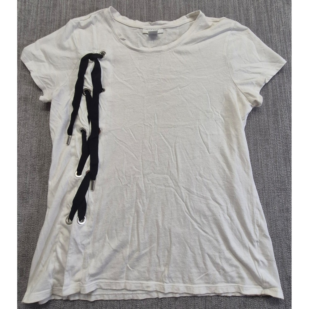 Bar lll women's white short sleeve tee top black lace up side grommets LG